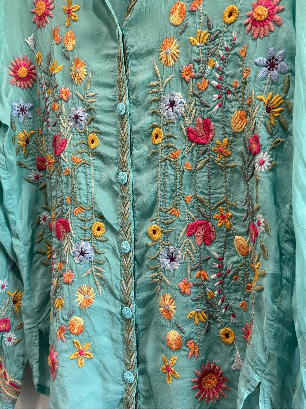 Johnny Was Turquoise Embroidered Button-Front Shirt - Picture 3 of 9